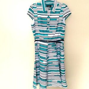 Teal, Black & White Nine West 100% Cotton Belted Dress size 10